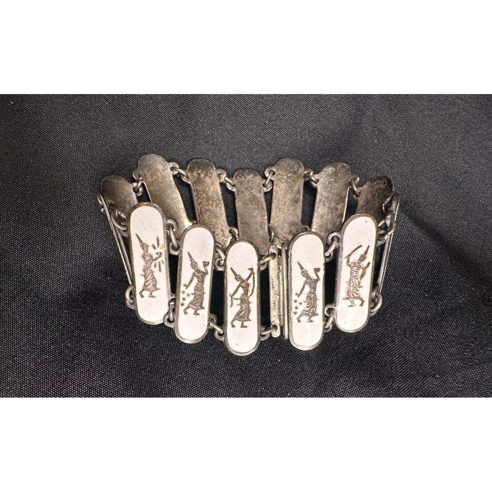 Unique Siam White Panel Signed Sterling Silver Bracelet Goddess Vintage Untested